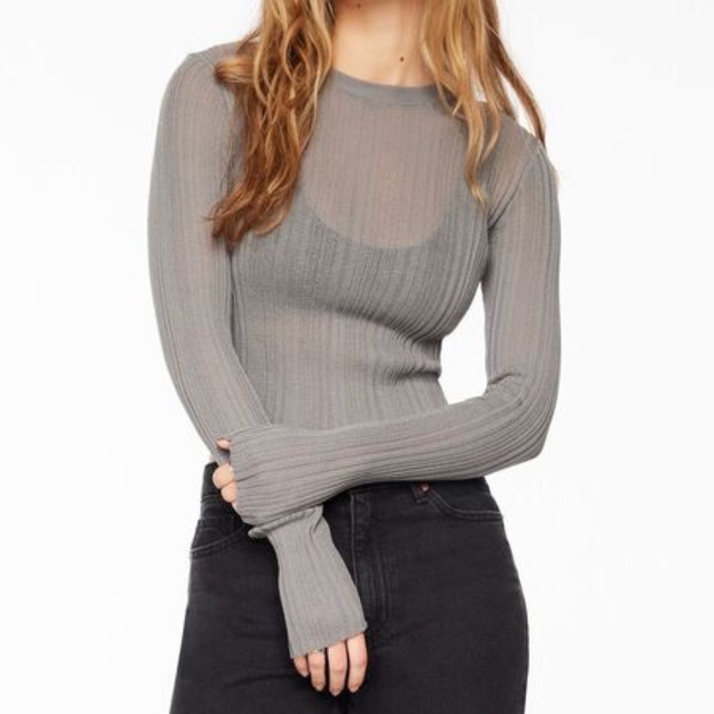 Dynamite Sheer Long Sleeve Sweater Top | Size S | Dark Grey